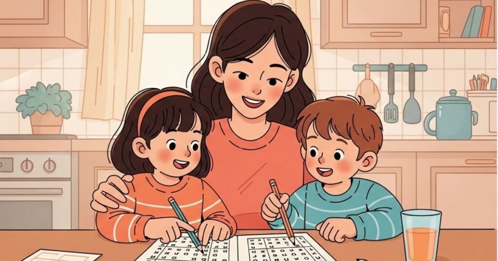 Mother and children doing a word search puzzle together at the kitchen table