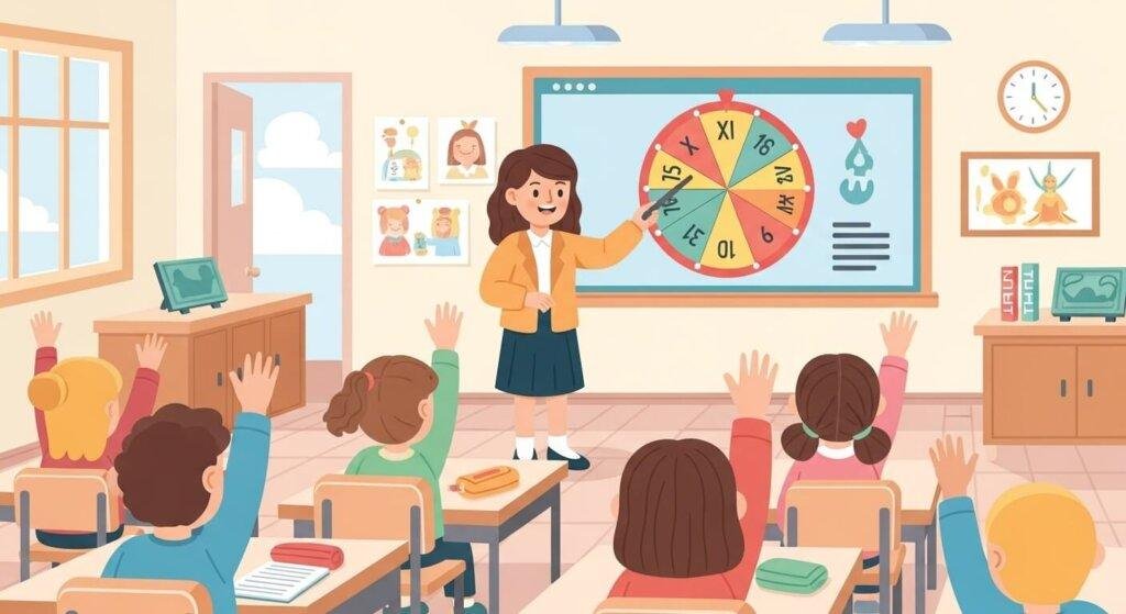 Teacher using a spin the wheel tool in a colourful primary school classroom