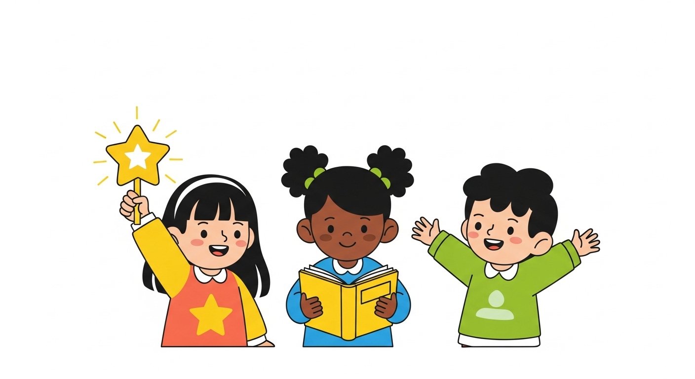 Colourful illustrated children holding stars and books — short inspirational quotes for kids