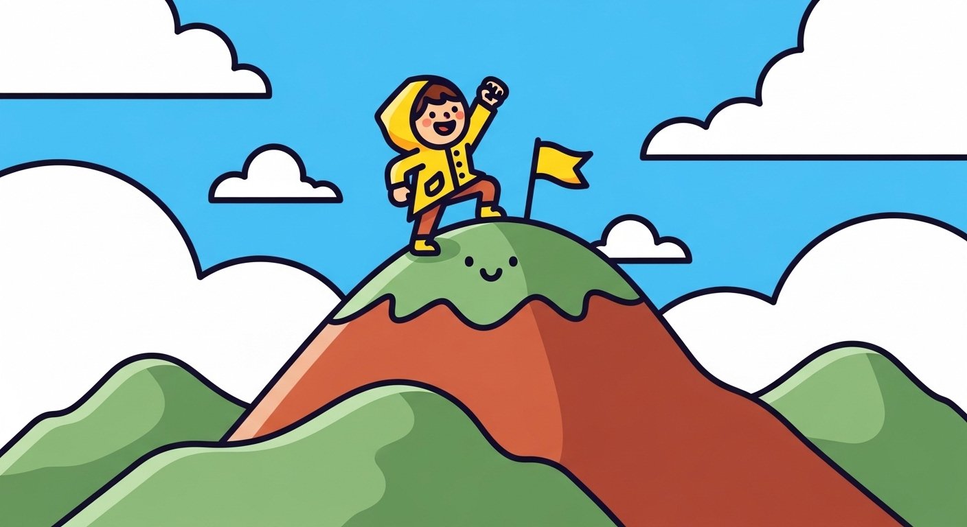 Cheerful cartoon child climbing a mountain and celebrating — courage quotes for kids
