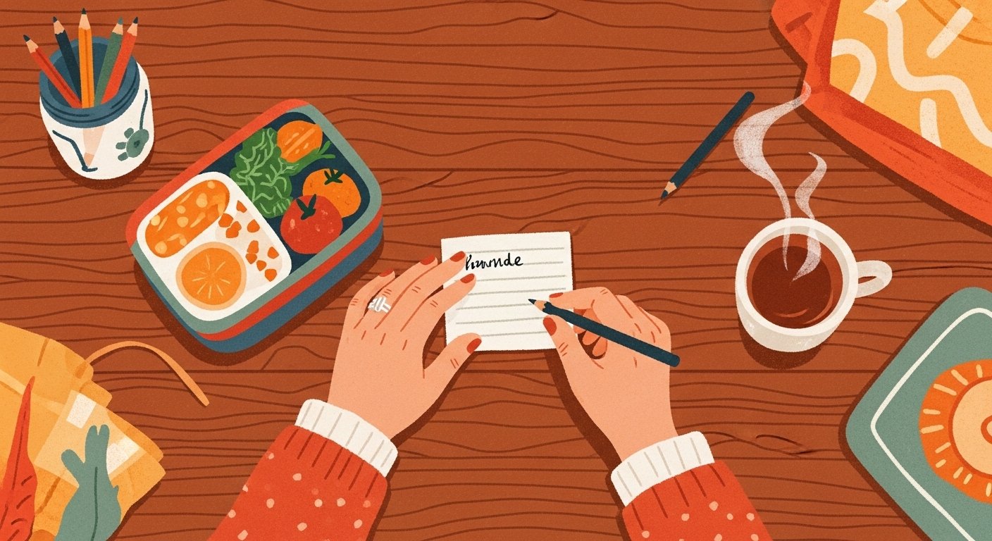 Cosy editorial illustration of a parent writing a lunchbox note — motivational quotes for kids