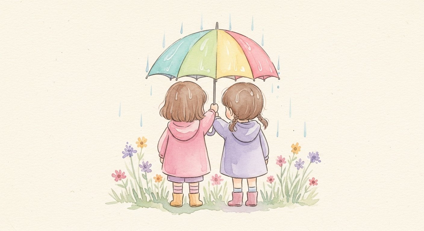Soft watercolour illustration of two children sharing an umbrella — kindness quotes for kids
