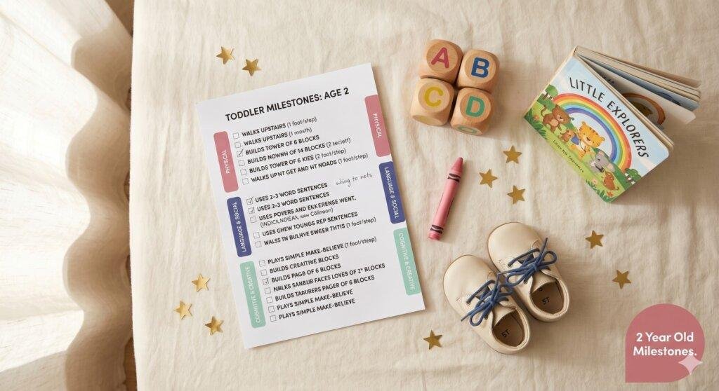 A colourful development milestone checklist chart for 2 year olds showing language, motor, and social skills — complete guide for parents
