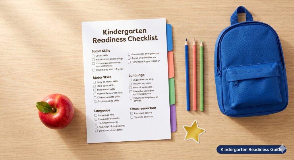 A colourful kindergarten readiness checklist on a clipboard next to a small backpack, pencils, and an apple on a wooden desk — is my child ready for kindergarten guide for parents