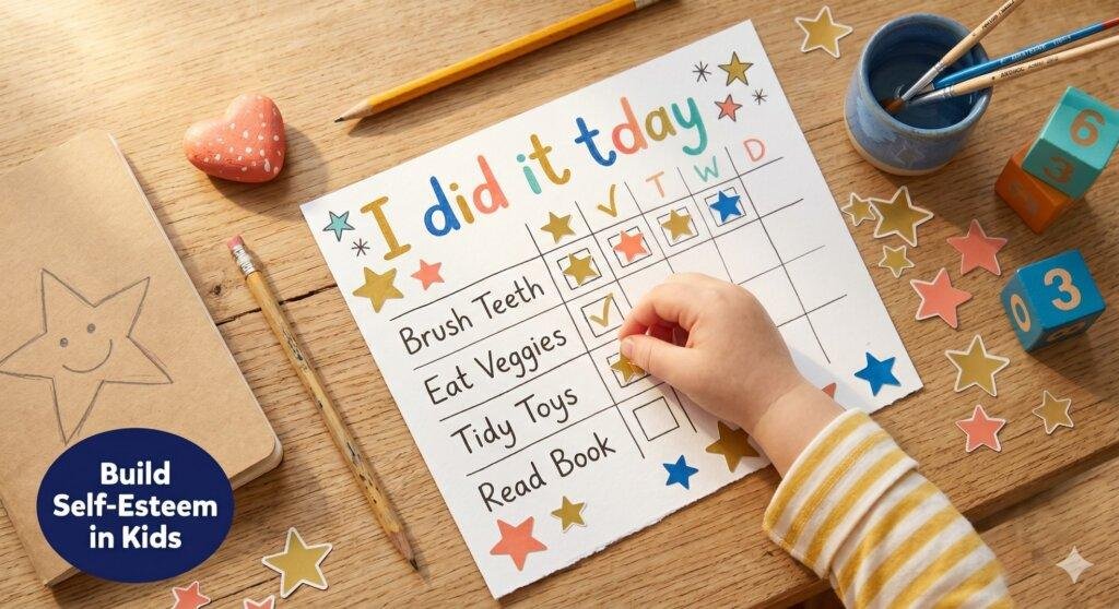 A child's hand placing a gold star sticker on a colourful reward chart next to the words "I did it" — guide to building self-esteem in kids