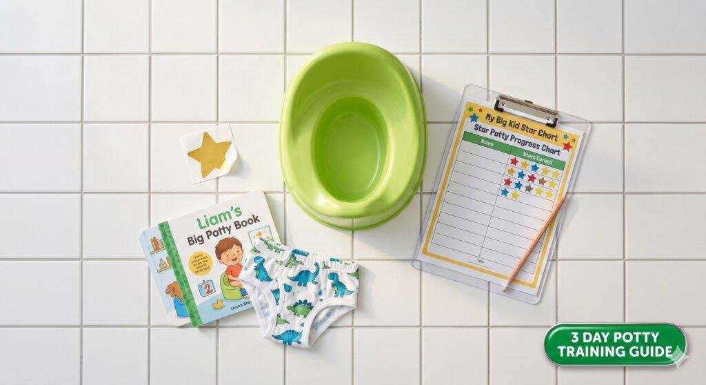 A small colourful toddler potty on a bathroom floor next to a sticker reward chart and a pair of cotton training underwear — how to potty train in 3 days guide