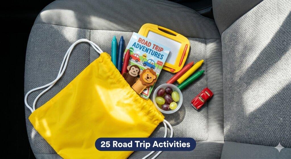 Colourful road trip activity bag for kids with sticker books, crayons, finger puppets and snacks laid out on a car seat — road trip activities for kids ages 3 to 5