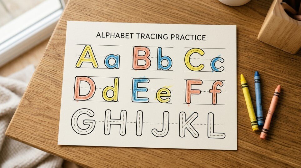 Printed alphabet tracing worksheet with uppercase and lowercase letters, partially traced in crayon, on a wooden table